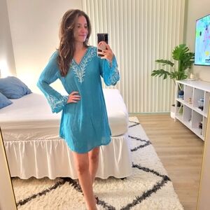 Teal Embroidered Tunic Cover Up Dress